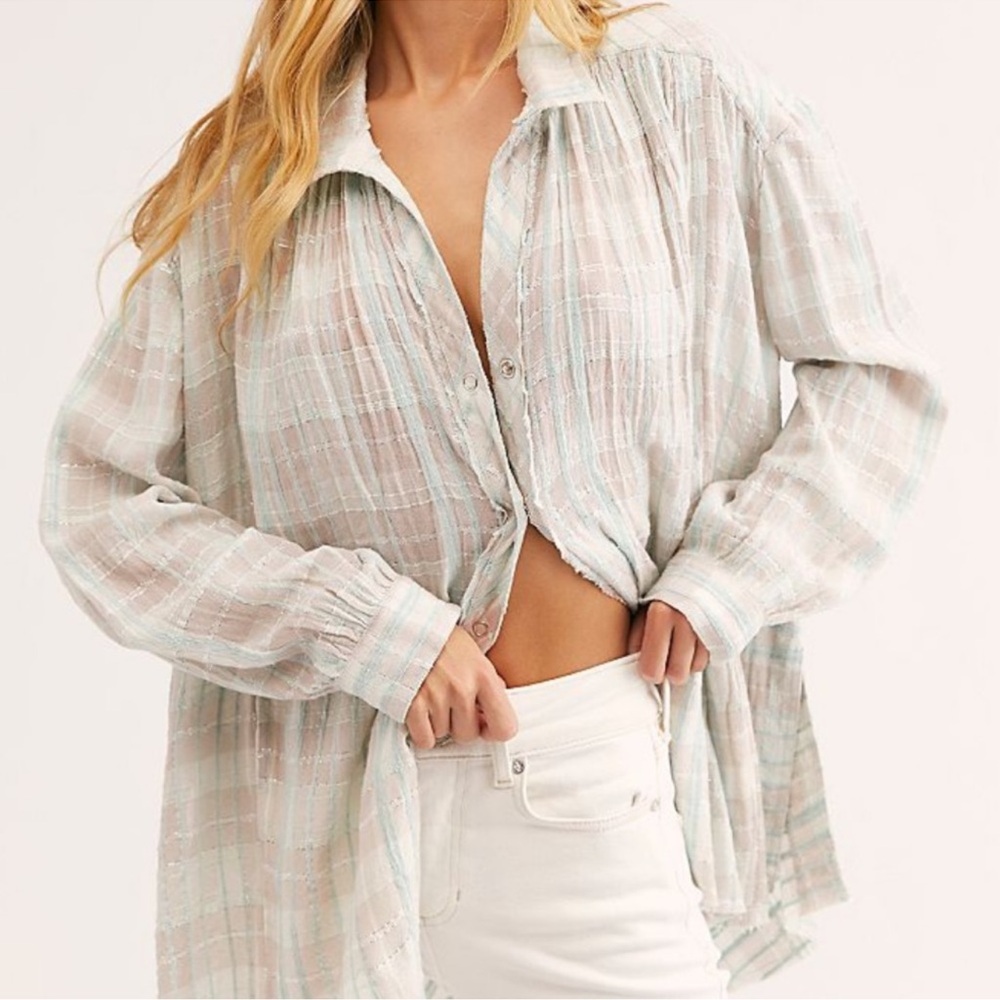 We The Free Cream Button Down Shirt with Tie Front and Notched Collar